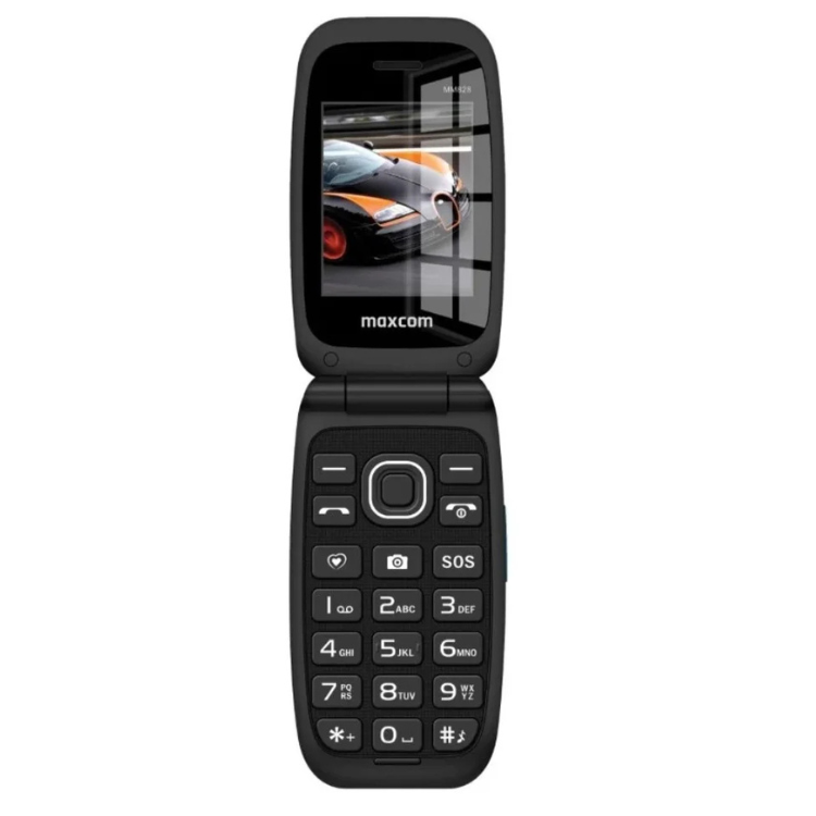 Telemóvel Maxcom MM828L preto com teclado e ecrã aberto mostrando uma imagem.