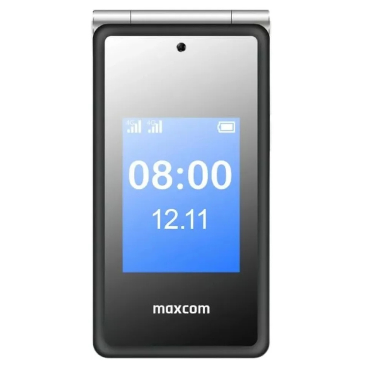 Telemóvel Maxcom Senior MM835 preto com ecrã azul e hora 08:00.