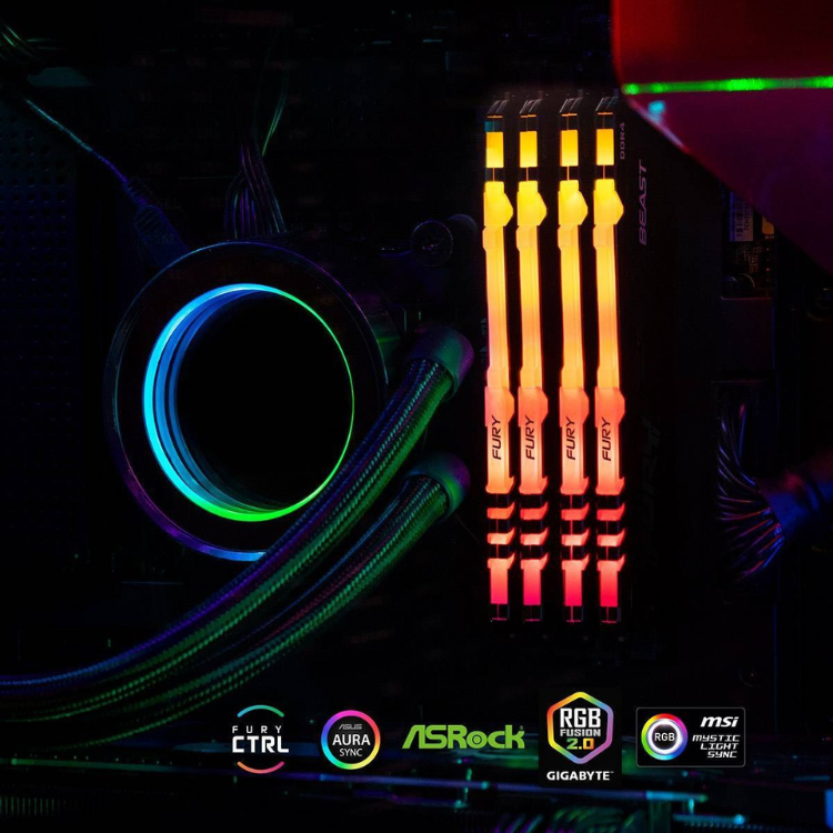 Memória RAM Kingston32GB (2x16GB) Fury Beast RGB DDR4 3200MHz CL16 Preto
