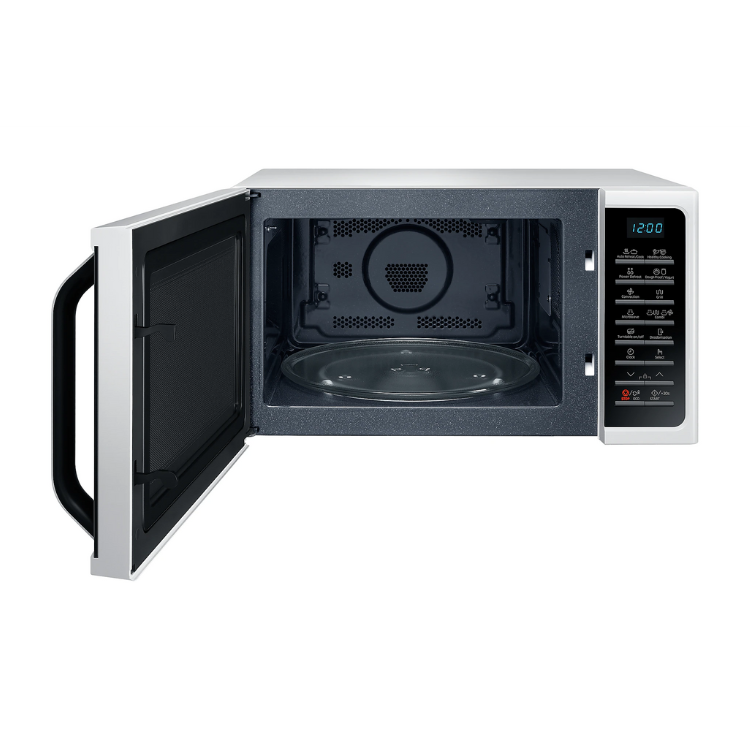 Samsung MC28H5015 white microwave, open door, digital display, 28L capacity.
