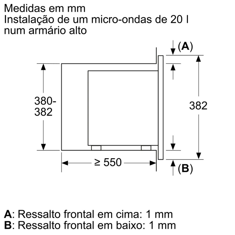 Technical drawing of built-in microwave oven dimensions, 20L, measurements in mm.
