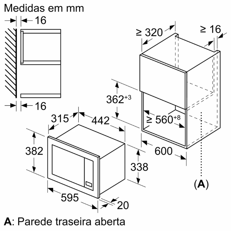 Technical drawing of Bosch Serie 2 BEL623MS3 microwave dimensions, 20L, 800W, stainless steel.