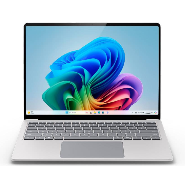 Silver Microsoft Surface Laptop with 13.8" screen and colorful wallpaper on Windows 11.