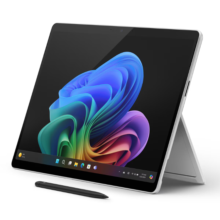 Microsoft Surface Pro 11, silver, 13" touchscreen, Windows 11, colorful wallpaper, stylus.