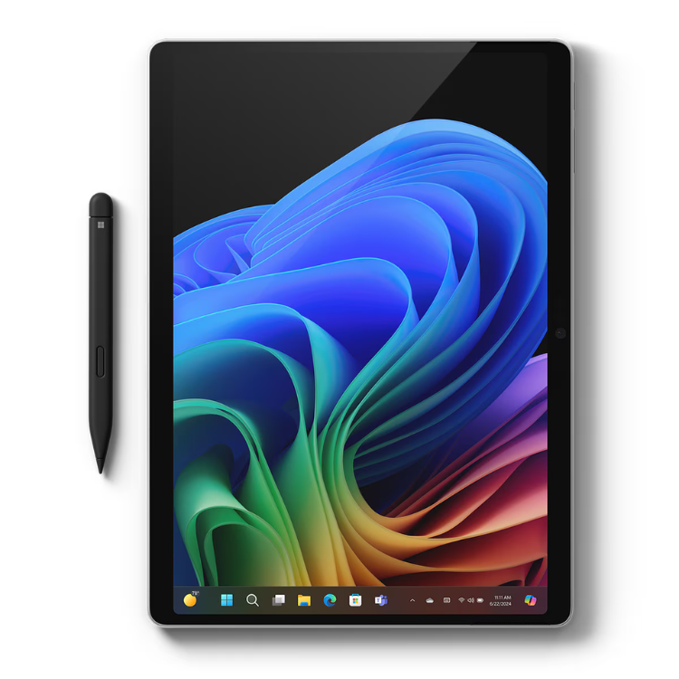 Microsoft Surface Pro 11, platinum, 13" touchscreen, Windows 11, stylus.