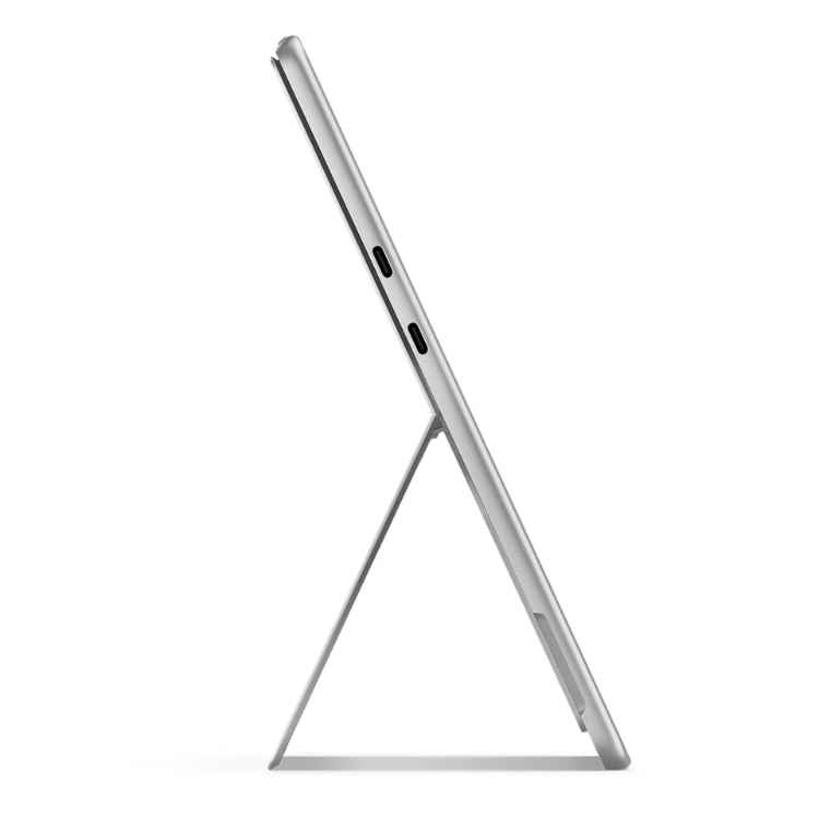Silver Microsoft Surface Pro 11 tablet on stand, side view.