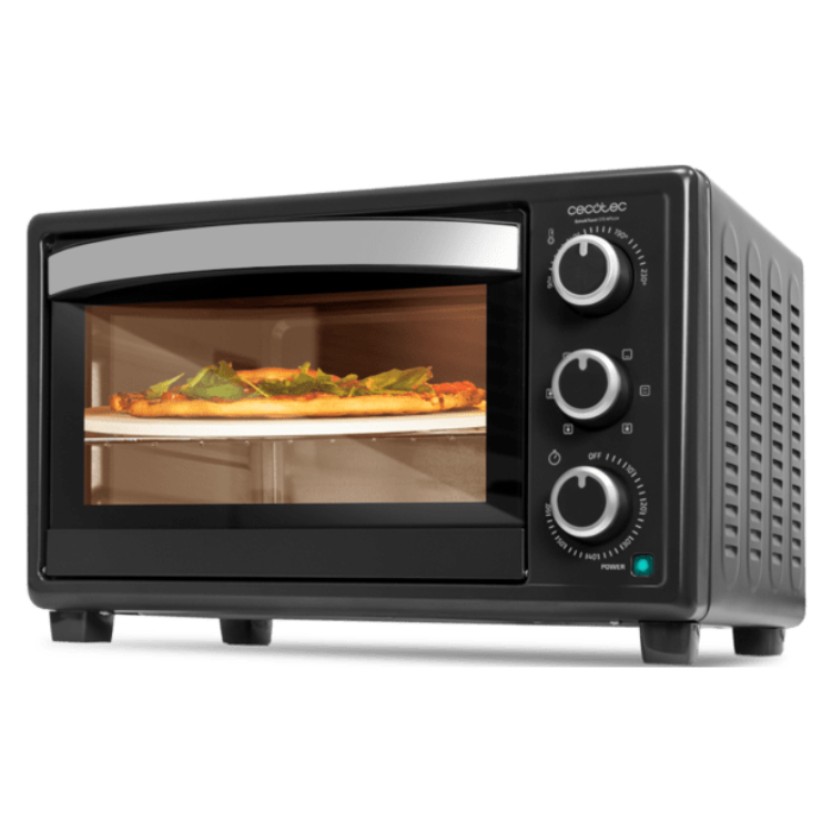 Black Cecotec mini oven with pizza inside, 26L, 1500W.