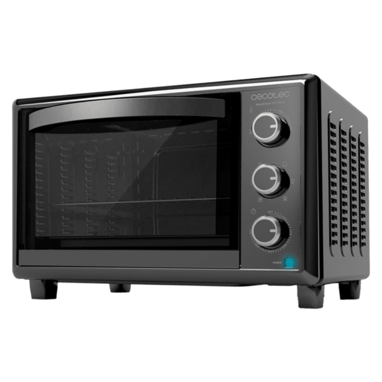 Black Cecotec Mini Forno oven with 3 dials and blue light.