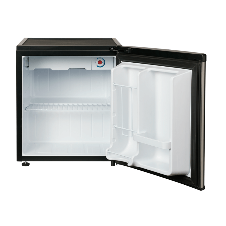 Black mini fridge, Jocel JF45I014788, open door, empty interior.
