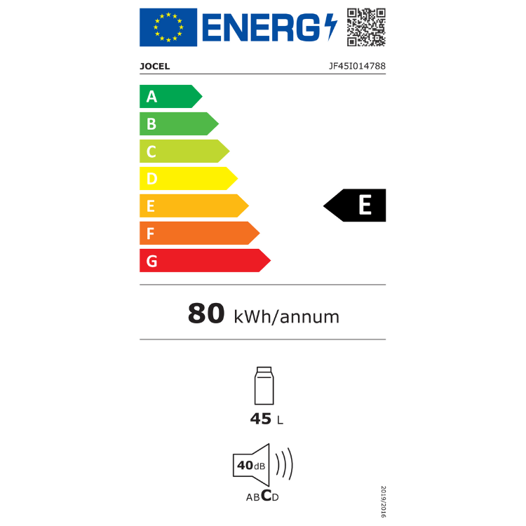 Jocel mini fridge energy label, E rated, 80 kWh/annum, 45L, 40dB.
