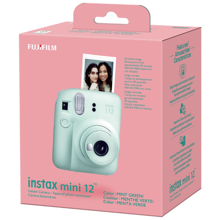 Fujifilm Instax Mini 12 instant camera, mint green, in pink box.