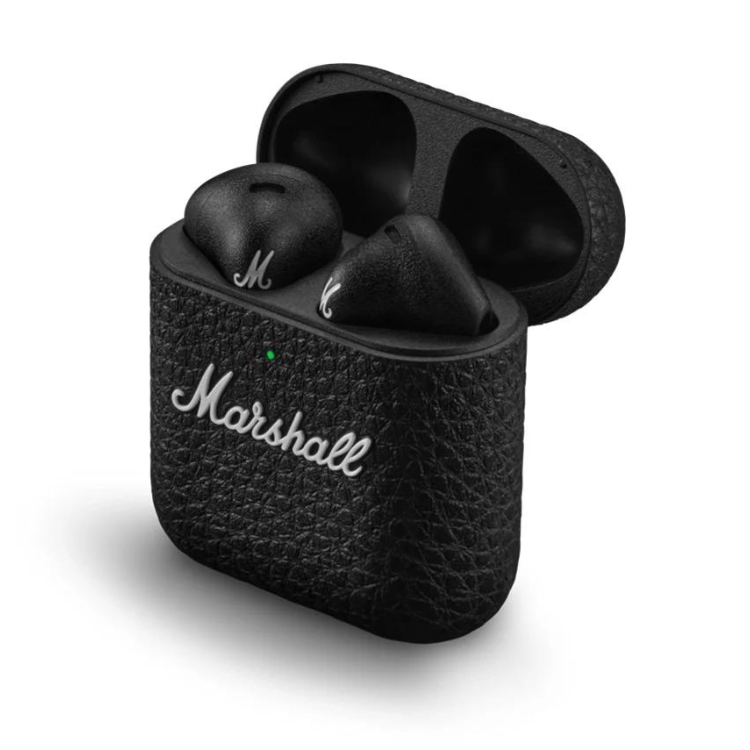 Auriculares Bluetooth Marshall Minor IV TWS preto com caixa de carregamento.