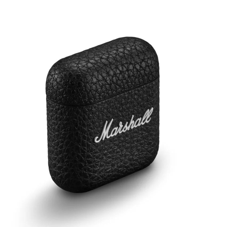Estojo de carregamento preto de couro sintético para auriculares Marshall Minor IV TWS.