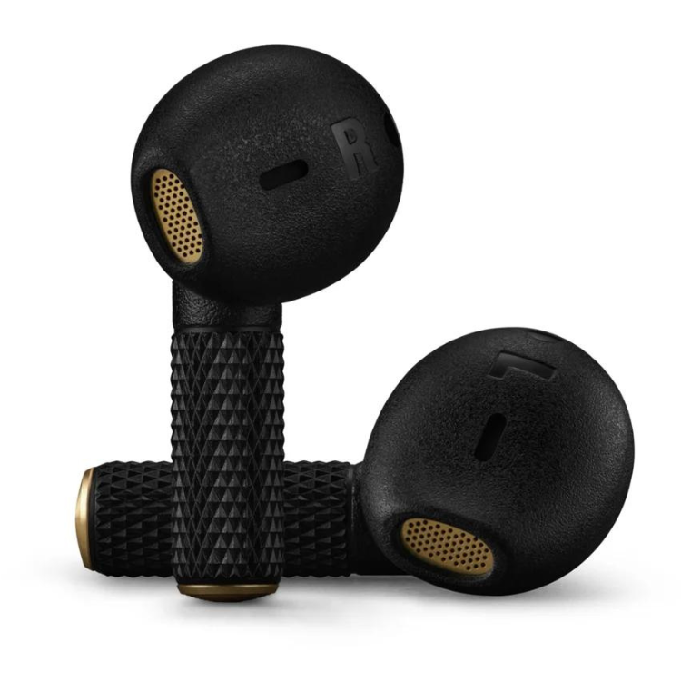 Auriculares Bluetooth Marshall Minor IV TWS preto, dois fones de ouvido sem fio com detalhes em ouro.