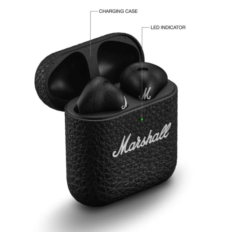 Auriculares Bluetooth Marshall Minor IV TWS preto com caixa de carregamento e indicador LED.