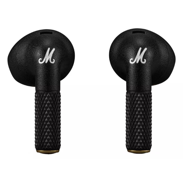 Auriculares Bluetooth Marshall Minor IV TWS pretos com logotipo M branco.