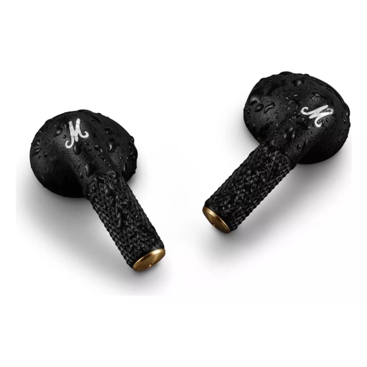 Auriculares Bluetooth Marshall Minor IV TWS preto, dois fones de ouvido sem fio com logotipo M branco e detalhes em ouro.