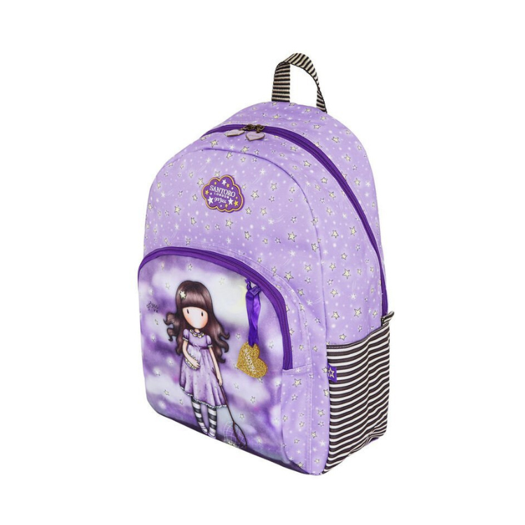 Mochila escolar Gorjuss Sparkle & Bloom, roxa com estrelas e menina, 44cm, Safta.