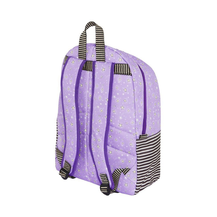 Mochila escolar Gorjuss Sparkle & Bloom, lilás com estrelas e faixas pretas e brancas.