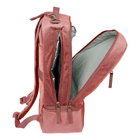 Mochila Acessórios Bebé Safta Marsala cor-de-rosa com abertura frontal e lateral mostrando o interior cinzento.