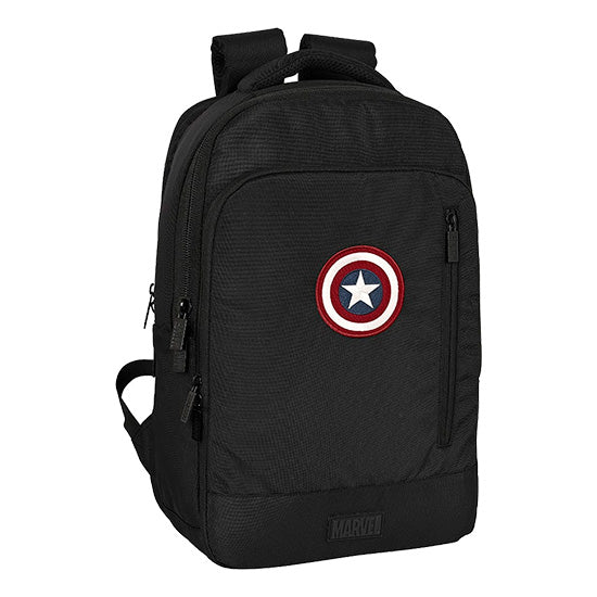 Mochila escolar Marvel Capitão América preta com escudo do Capitão América na frente e logotipo Marvel em baixo.
