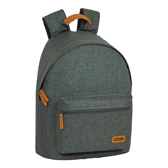 Mochila Safta cinzento carvão 14.1 polegadas com alças e pormenores castanhos.