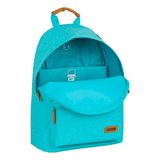 Mochila Safta Lago azul, 14.1", com alça de couro e etiqueta laranja.