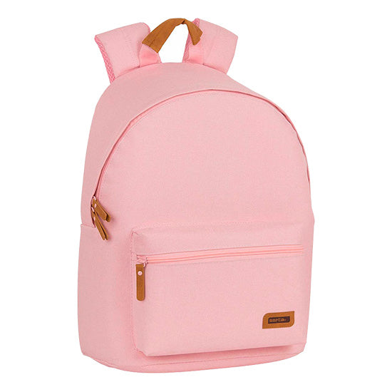 Mochila rosa Safta 14.1 polegadas com alças e bolsos castanhos.