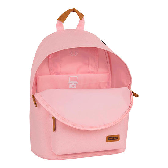 Mochila rosa Safta 14.1 polegadas, vista frontal com abertura frontal e alças castanhas, fundo branco.