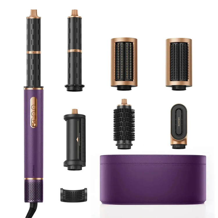Dreame purple hair styler with gold accents and attachments.