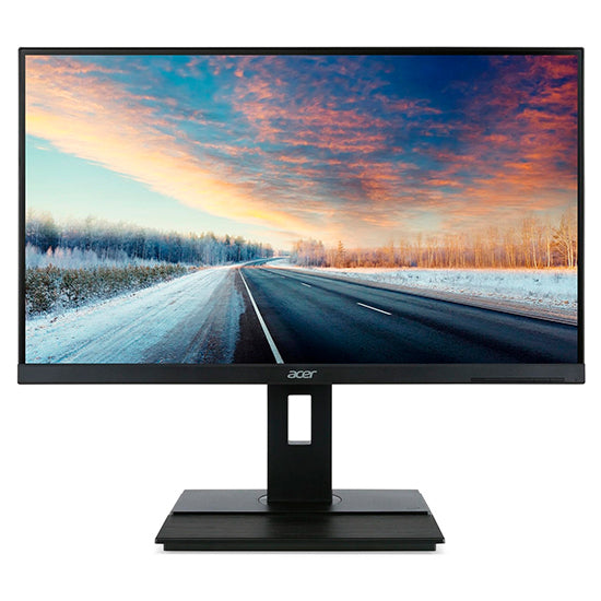 Monitor Acer B6 IPS QHD 27" preto com imagem de estrada em fundo colorido.