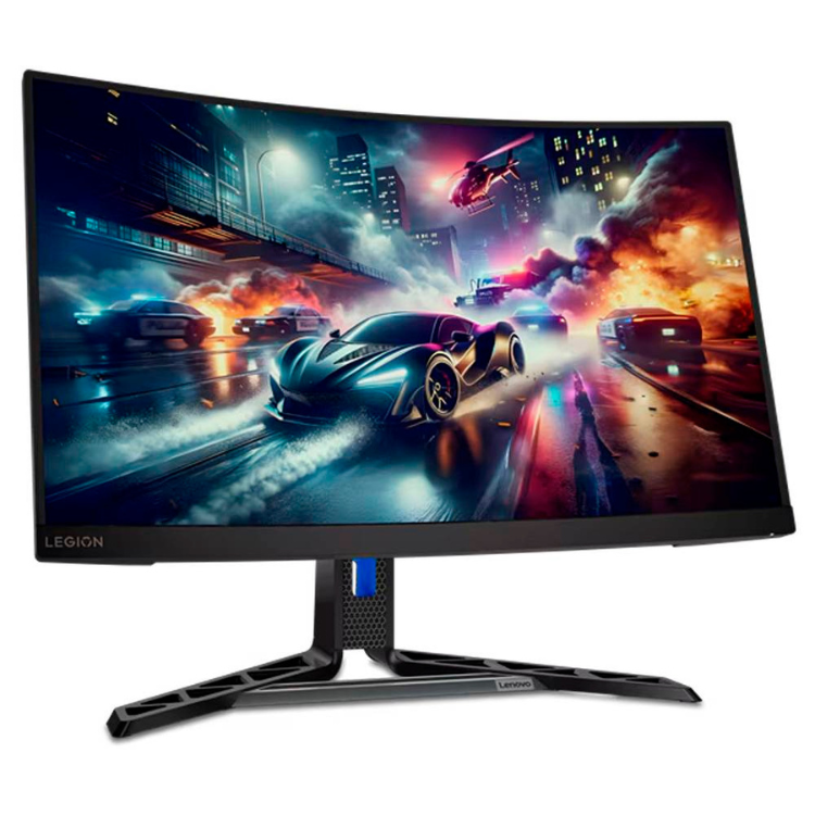 Monitor curvo Lenovo Legion 27" QHD VA 180Hz preto com imagem de carro em corrida.