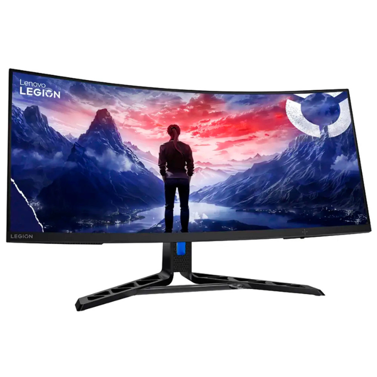 Monitor curvo Lenovo Legion 34" UWQHD VA 180Hz preto com imagem de cenário de montanhas e personagem em pé.