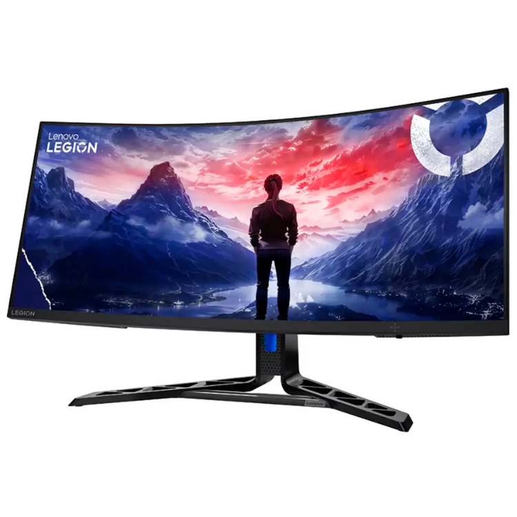 Monitor curvo Lenovo Legion 34" UWQHD VA 180Hz, com imagem de uma pessoa a olhar para uma paisagem montanhosa.