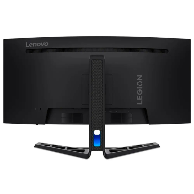 Monitor curvo preto Lenovo Legion, com logótipos Lenovo e Legion visíveis, suporte com luz azul.