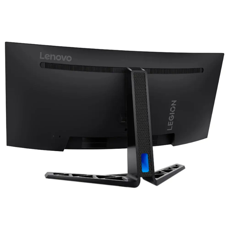 Monitor curvo Lenovo Legion preto 34 polegadas com suporte e luz azul.