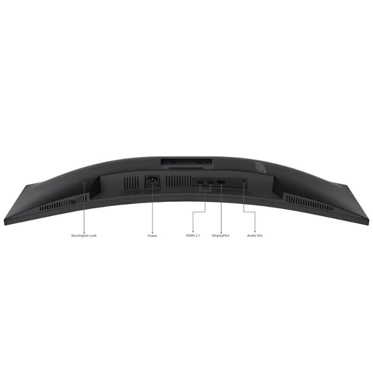Monitor curvo preto com várias portas, incluindo HDMI, DisplayPort e Audio Out.