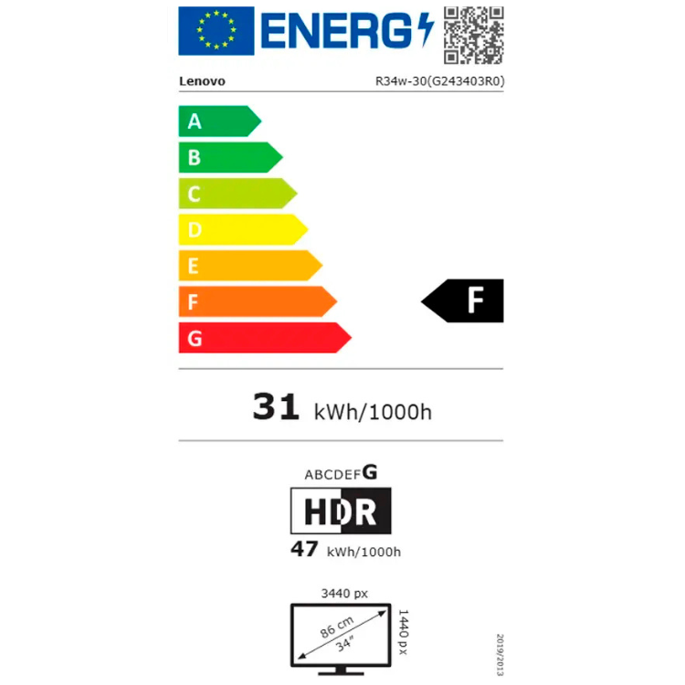 Etiqueta energética do monitor Lenovo, eficiência F, 31 kWh/1000h.