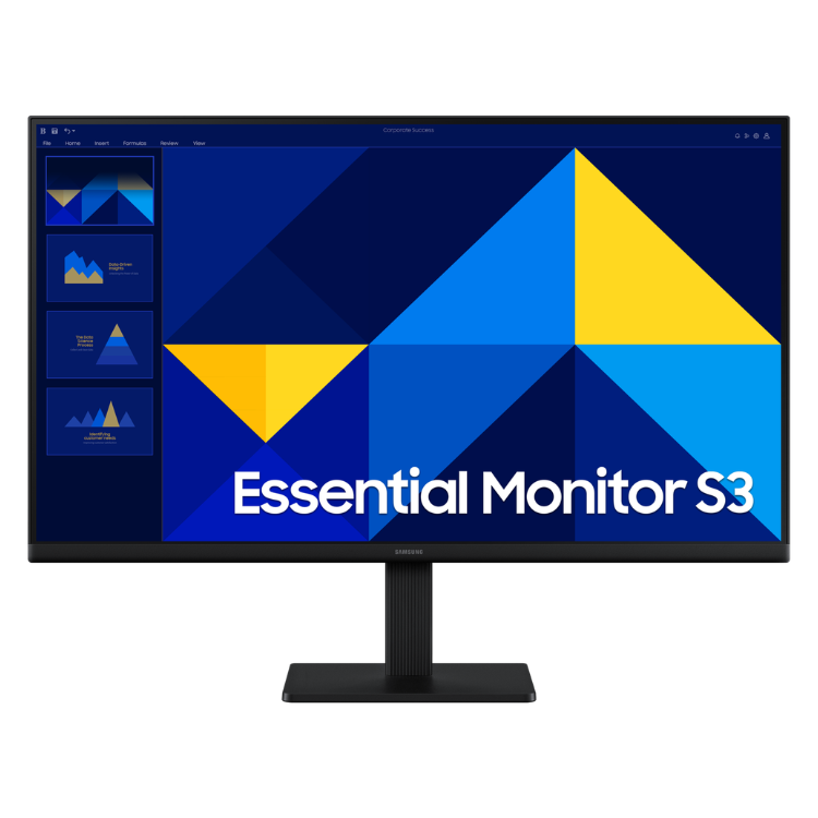 Monitor Samsung Essential S3 27" IPS FHD 100Hz, ecrã com gráficos geométricos coloridos.