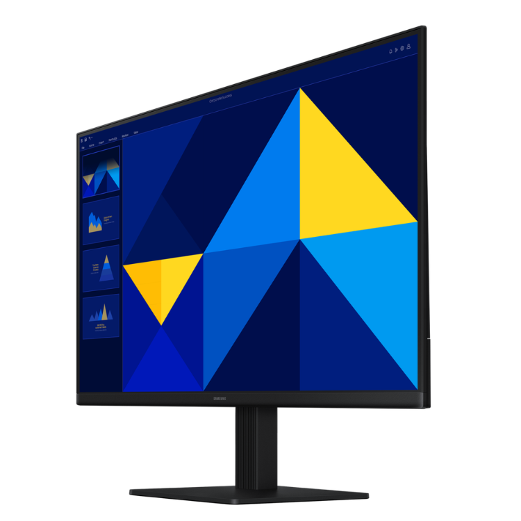 Monitor Samsung Essential 27" IPS FHD 100Hz preto com imagem de triângulos azuis e amarelos na tela.