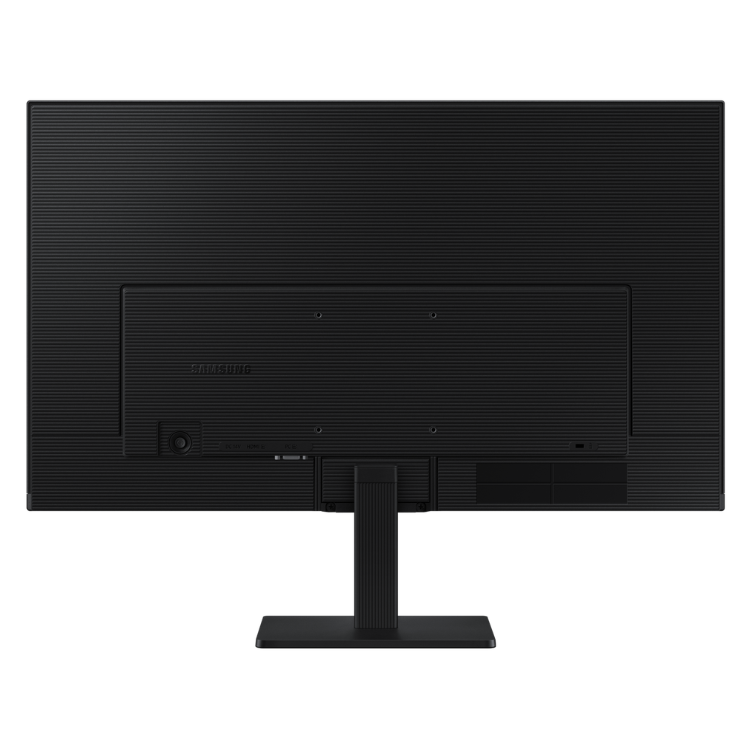 Monitor Samsung preto com 27 polegadas, suporte e logotipo na parte traseira.