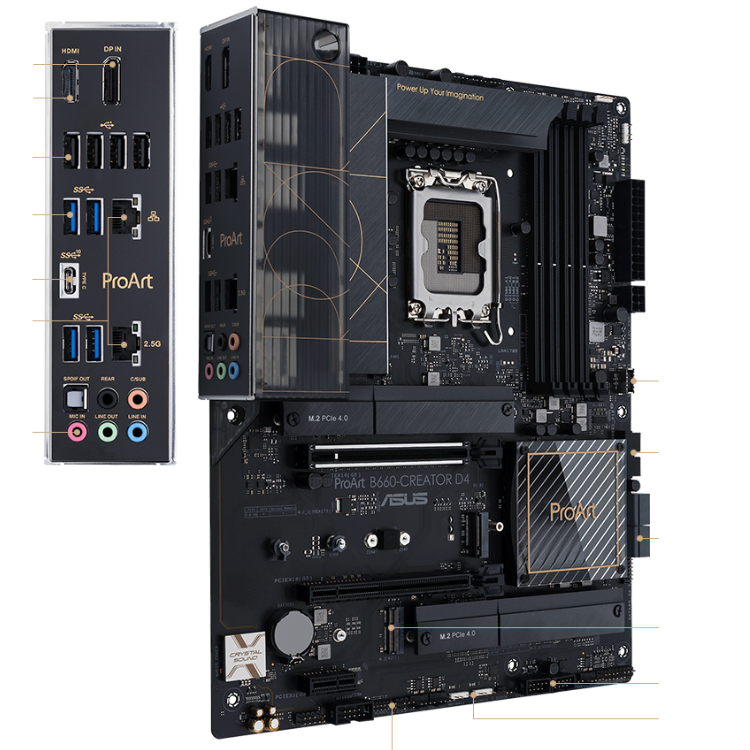ASUS ProArt B660 Creator motherboard, black, LGA 1700, gold accents.