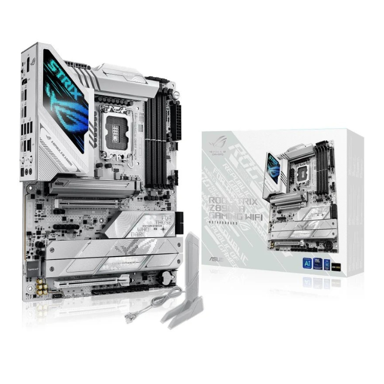 ASUS ROG Strix Z890-A Gaming Wifi7 motherboard, white, ATX, Intel chipset.