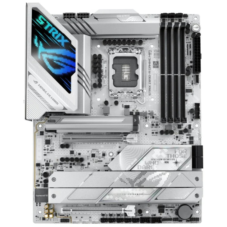 ASUS ROG Strix Z890-A Gaming Wifi7 motherboard, silver, with blue and black accents, LGA 1851 socket.