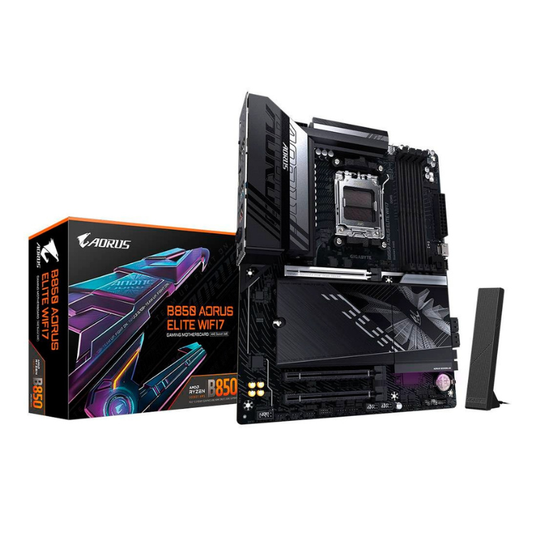 Gigabyte B850 AORUS ELITE WIFI7 motherboard, black, with box and stand, AM5 socket.
