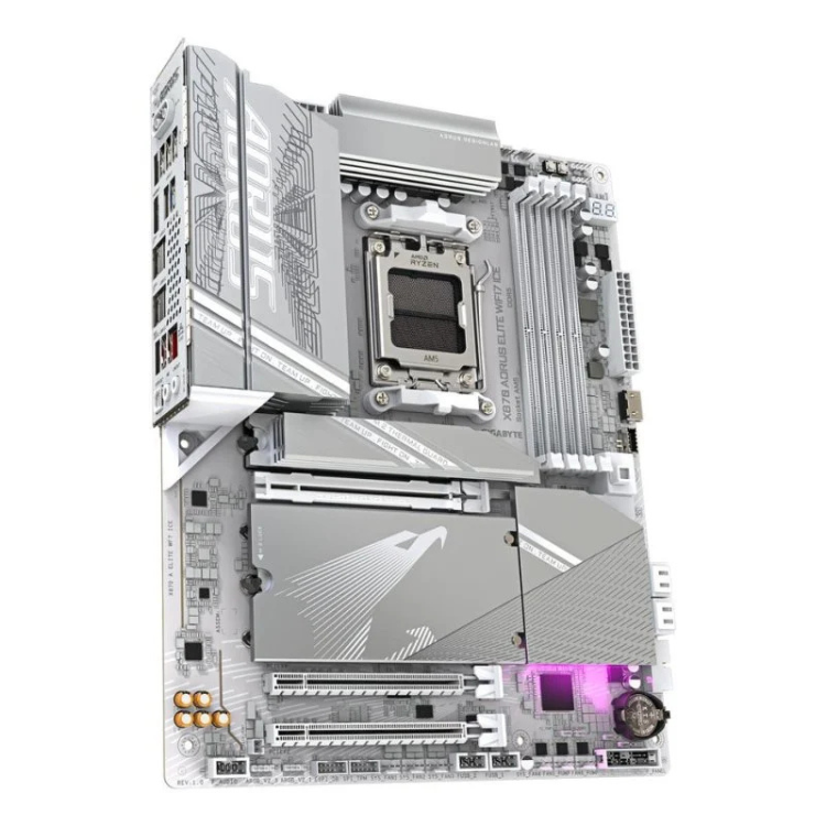 Gigabyte X870 Aorus Elite Wi-Fi 7 ICE motherboard, gray, ATX, AMD X870 chipset, AM5 socket.