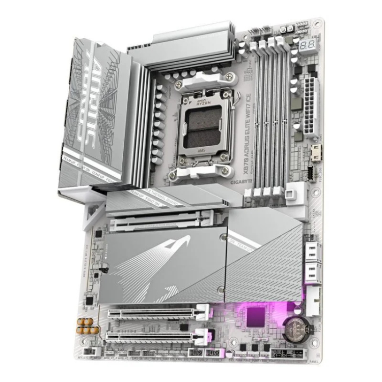 Gigabyte X870 Aorus Elite Wi-Fi 7 ICE motherboard, silver, ATX, AMD X870 chipset, various ports and slots.
