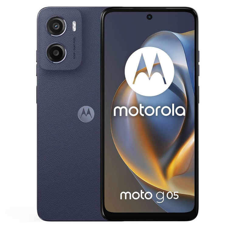 Smartphone Motorola Moto G05 azul, 4GB/256GB, Dual Sim, com câmeras duplas e ecrã com logótipo da Motorola.