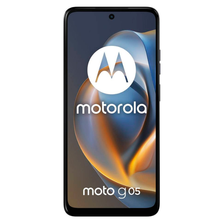 Smartphone Motorola Moto G05 azul, com ecrã ligado a mostrar logótipo da marca.