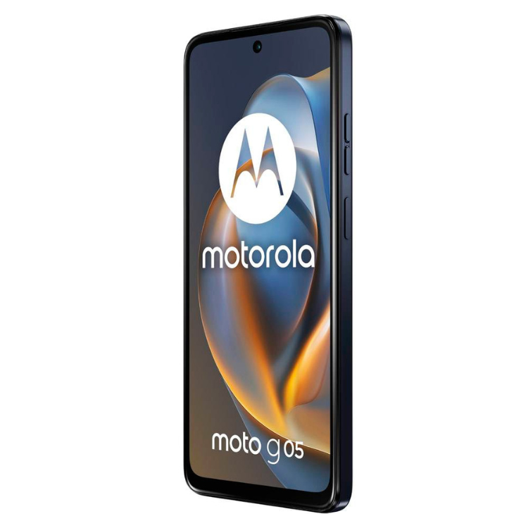 Smartphone Motorola Moto G05 azul, com ecrã ligado mostrando o logótipo da marca.